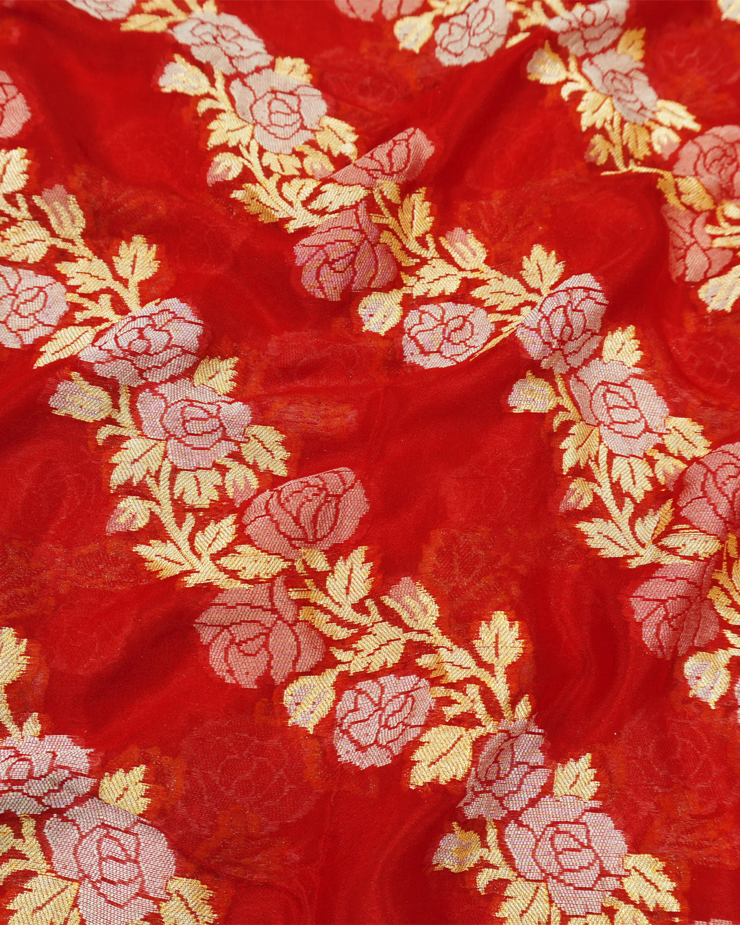 Red Pure Chiffon Saree with Intricate Golden Botanical Rose Weaving