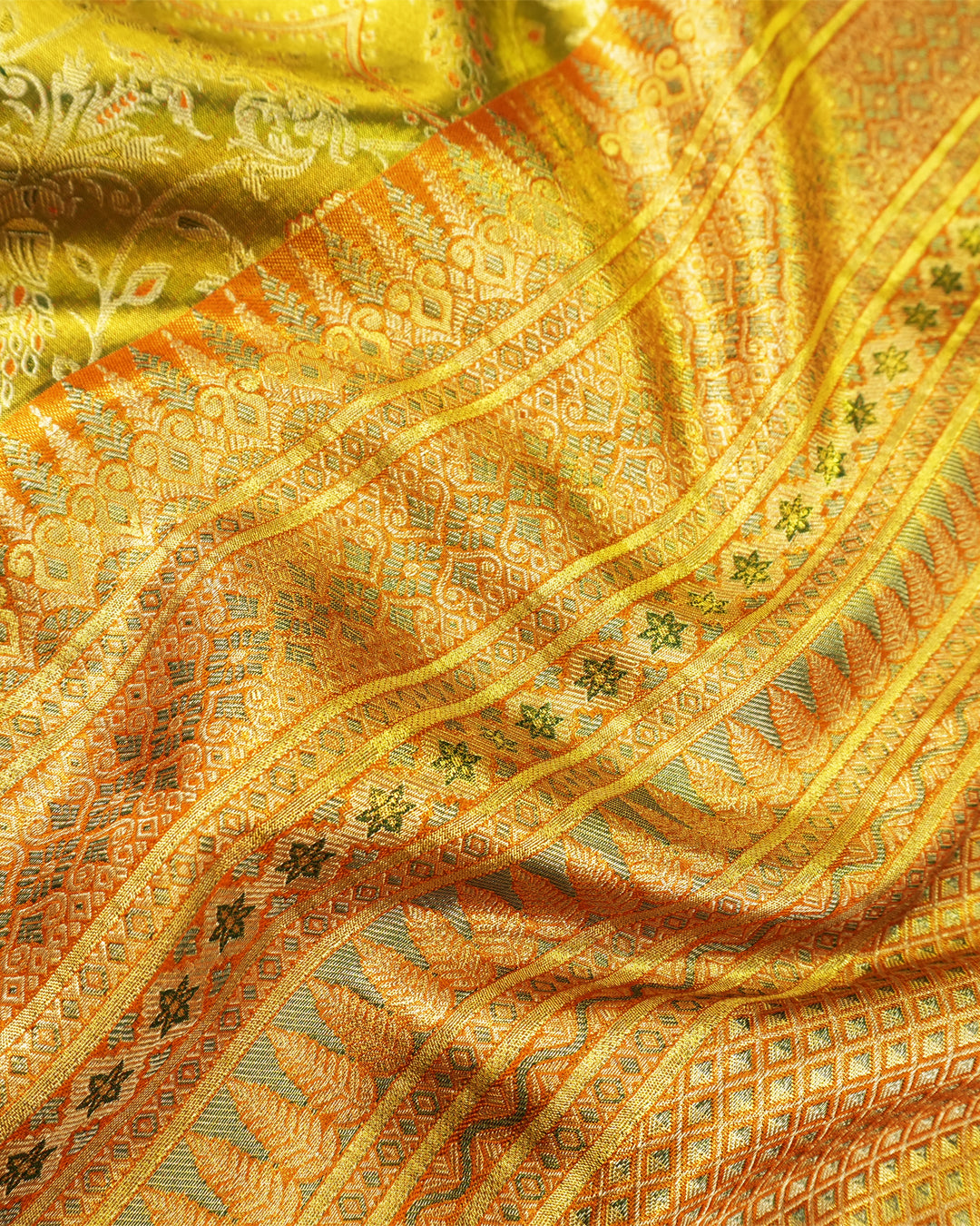 Olive Green Pure Kanjivaram Saree with Exquisite Golden Zari Floral Vine Weaving