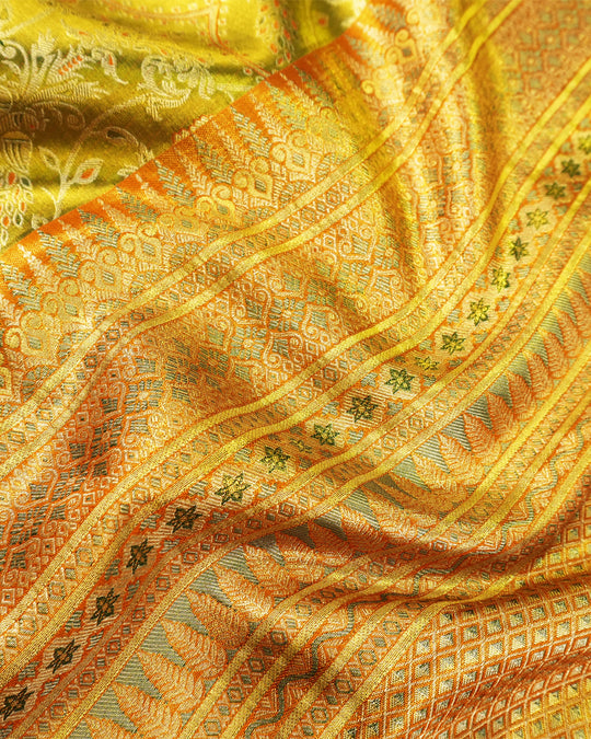 Olive Green Pure Kanjivaram Saree with Exquisite Golden Zari Floral Vine Weaving