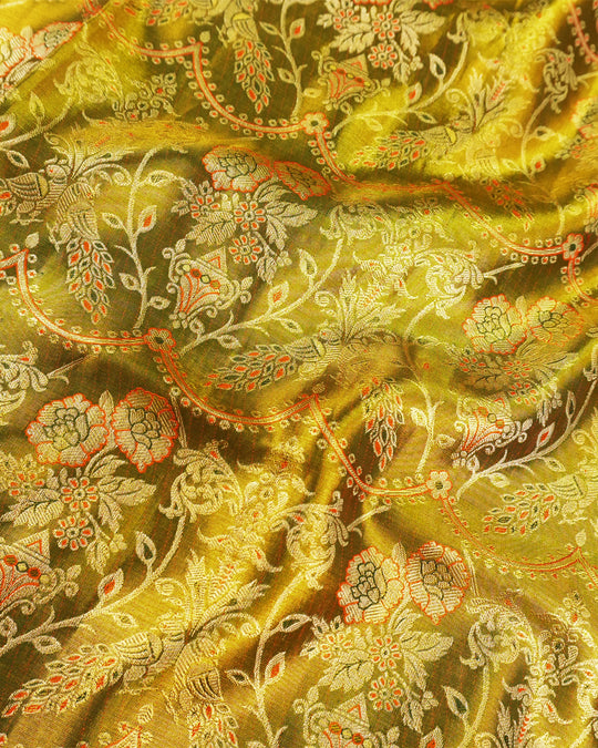 Olive Green Pure Kanjivaram Saree with Exquisite Golden Zari Floral Vine Weaving