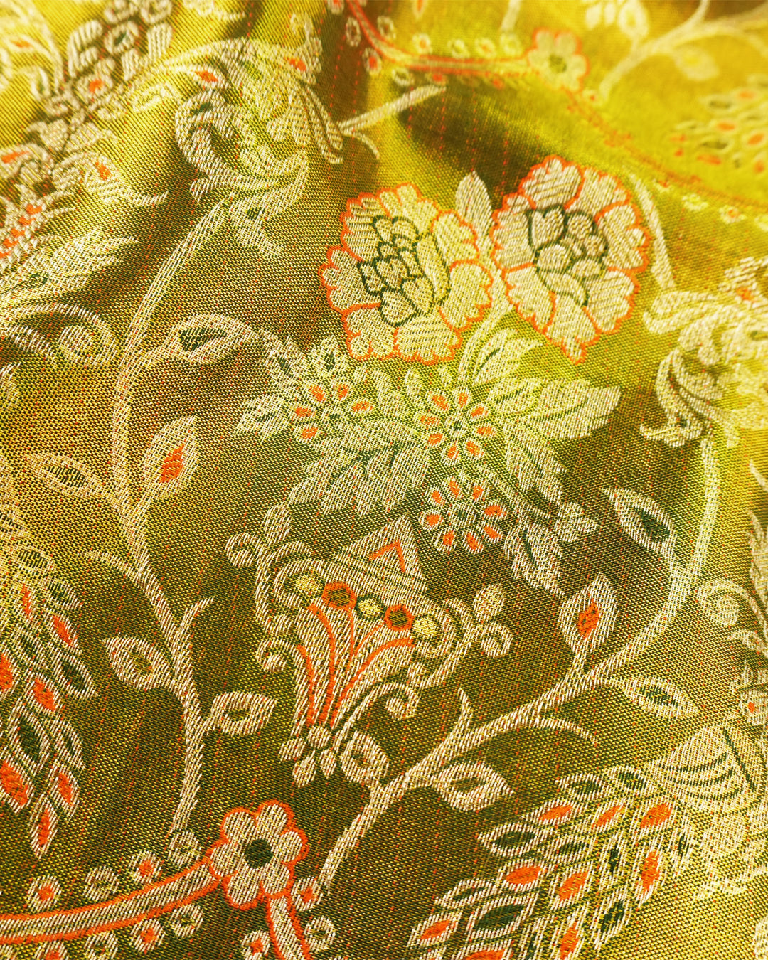 Olive Green Pure Kanjivaram Saree with Exquisite Golden Zari Floral Vine Weaving