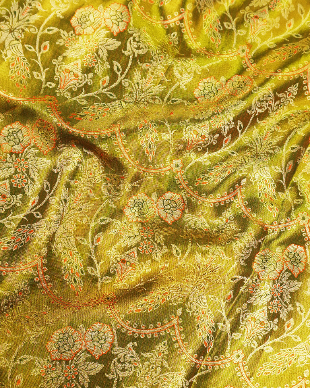 Olive Green Pure Kanjivaram Saree with Exquisite Golden Zari Floral Vine Weaving