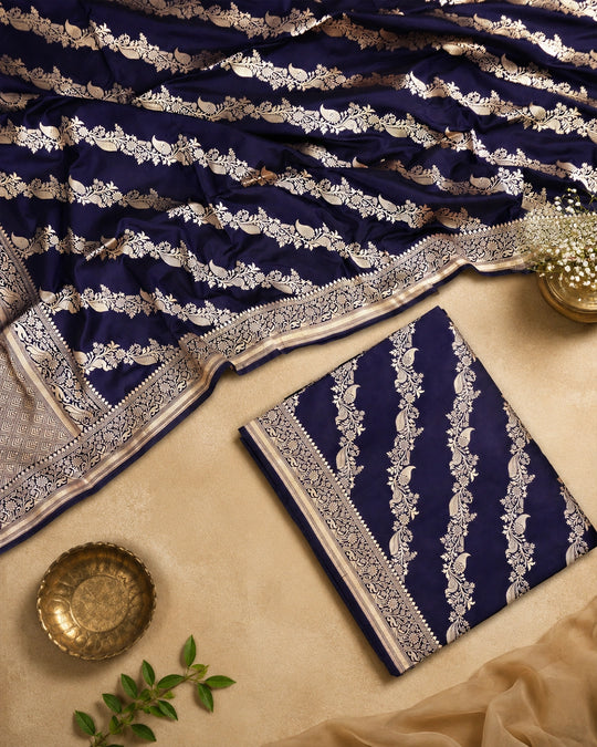 Royal Navy Pure Katan Dupatta with Diagonal Floral Zari Bel Weaving