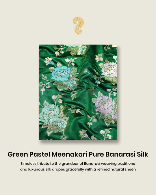 Green Pure Banarasi Saree with Pastel Floral Meenakari Weaving