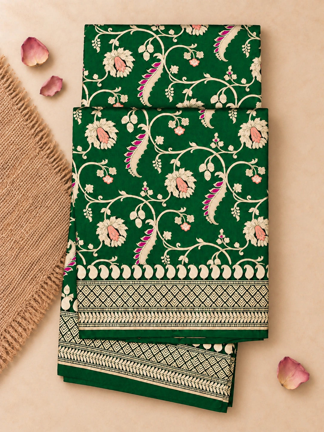 Forest Green Pure Katan Saree with Floral Meenakari Wine Jaal Weave