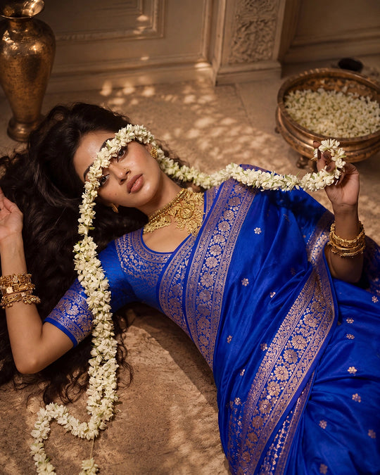 Royal Blue Pure Katan Saree with Buti Weaving and Rich Border