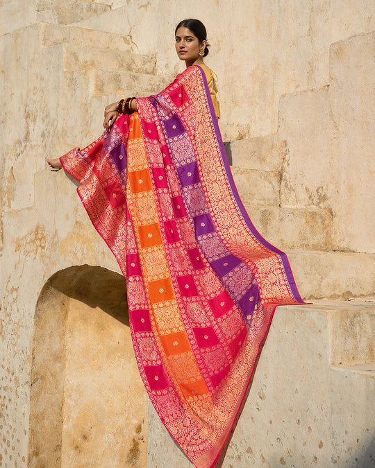 Multihued Rangkat Pure Katan Saree with Checkered Weaving