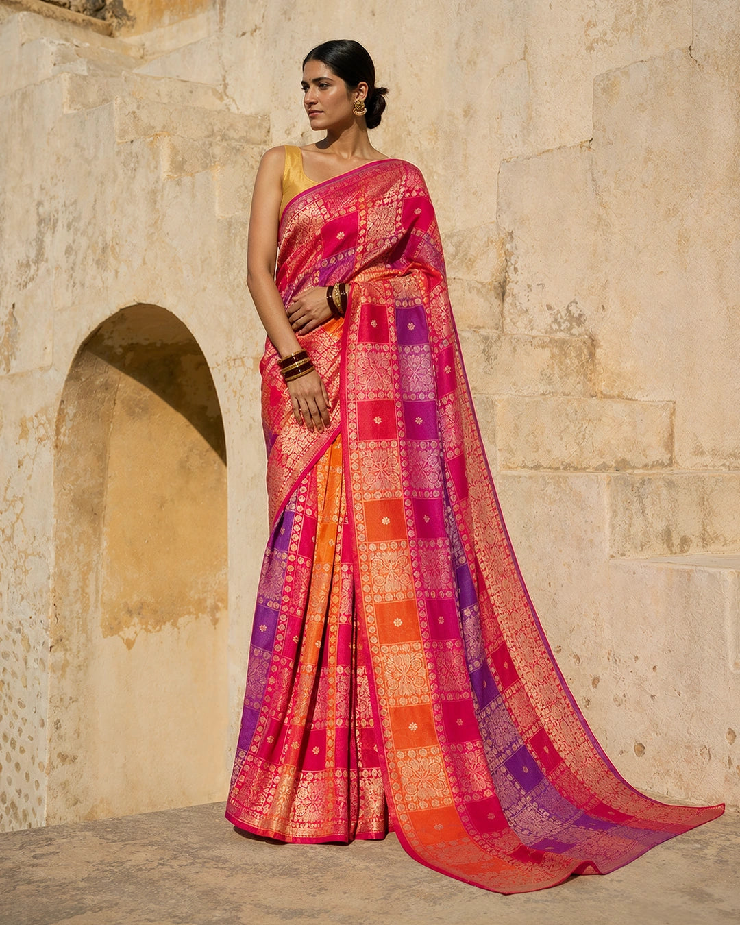 Multihued Rangkat Pure Katan Saree with Checkered Weaving