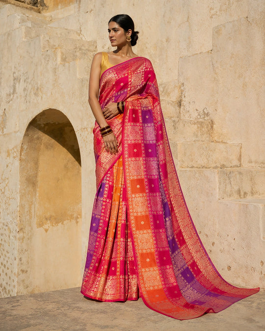 Multihued Rangkat Pure Katan Saree with Checkered Weaving