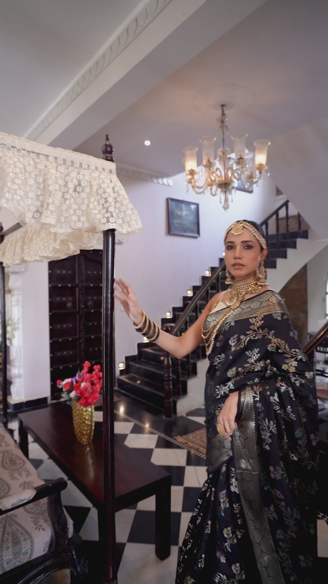 Black Pure Banarasi Saree with Multi Floral Butta & Jaal Weaving