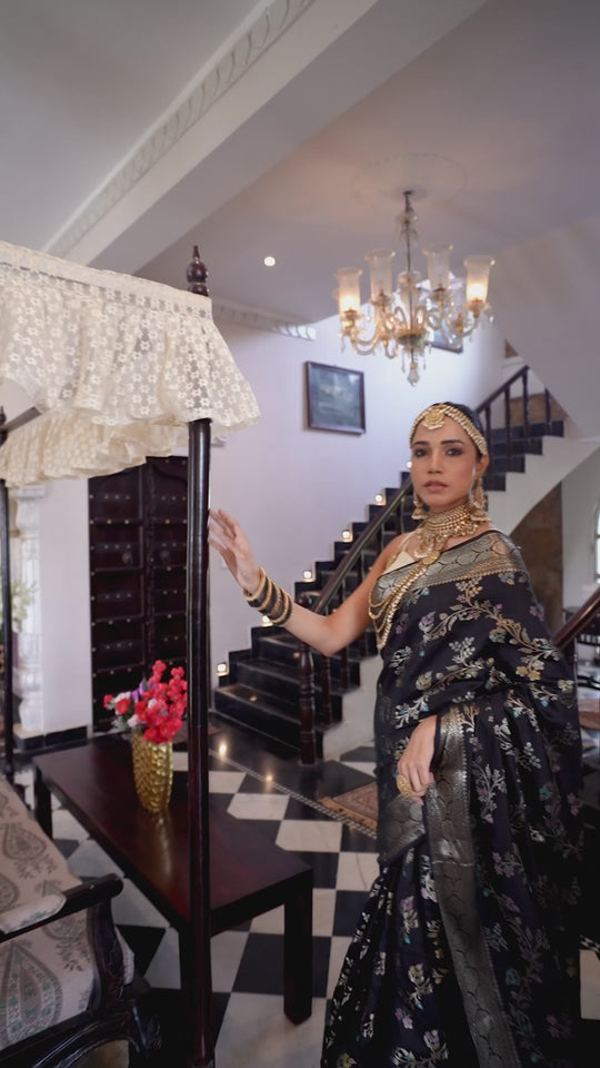 Black Pure Banarasi Saree with Multi Floral Butta & Jaal Weaving
