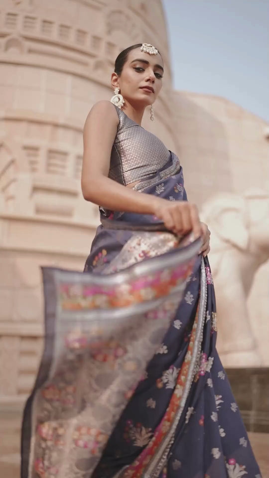 Royal Navy Pure Banarasi Silk Saree with Meenakari Accents and Timeless Floral Weaving