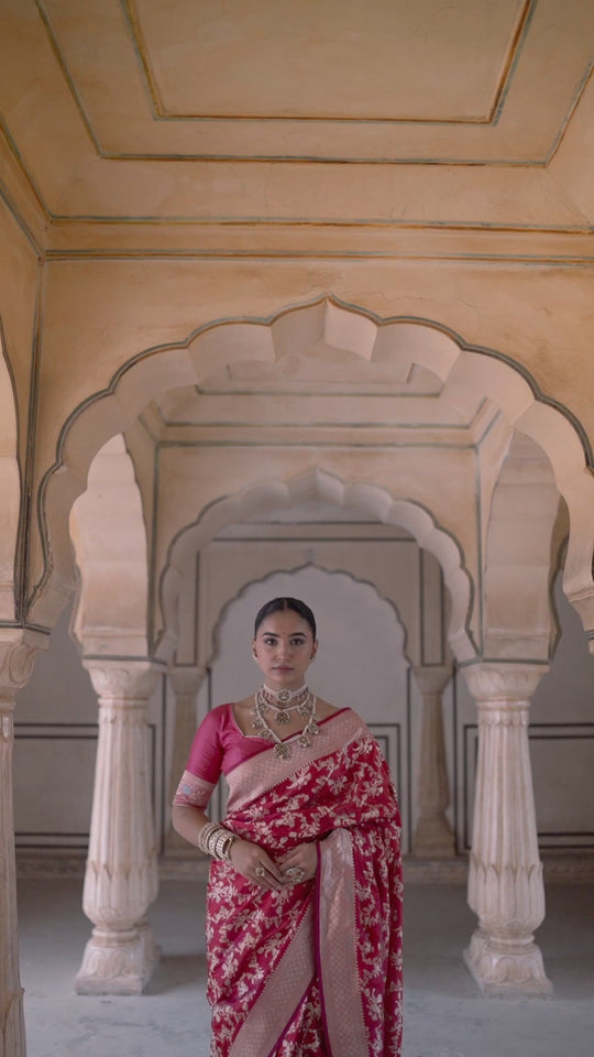 Rani Dynasty Pure Katan Saree with Floral Zari Jaal Weaves