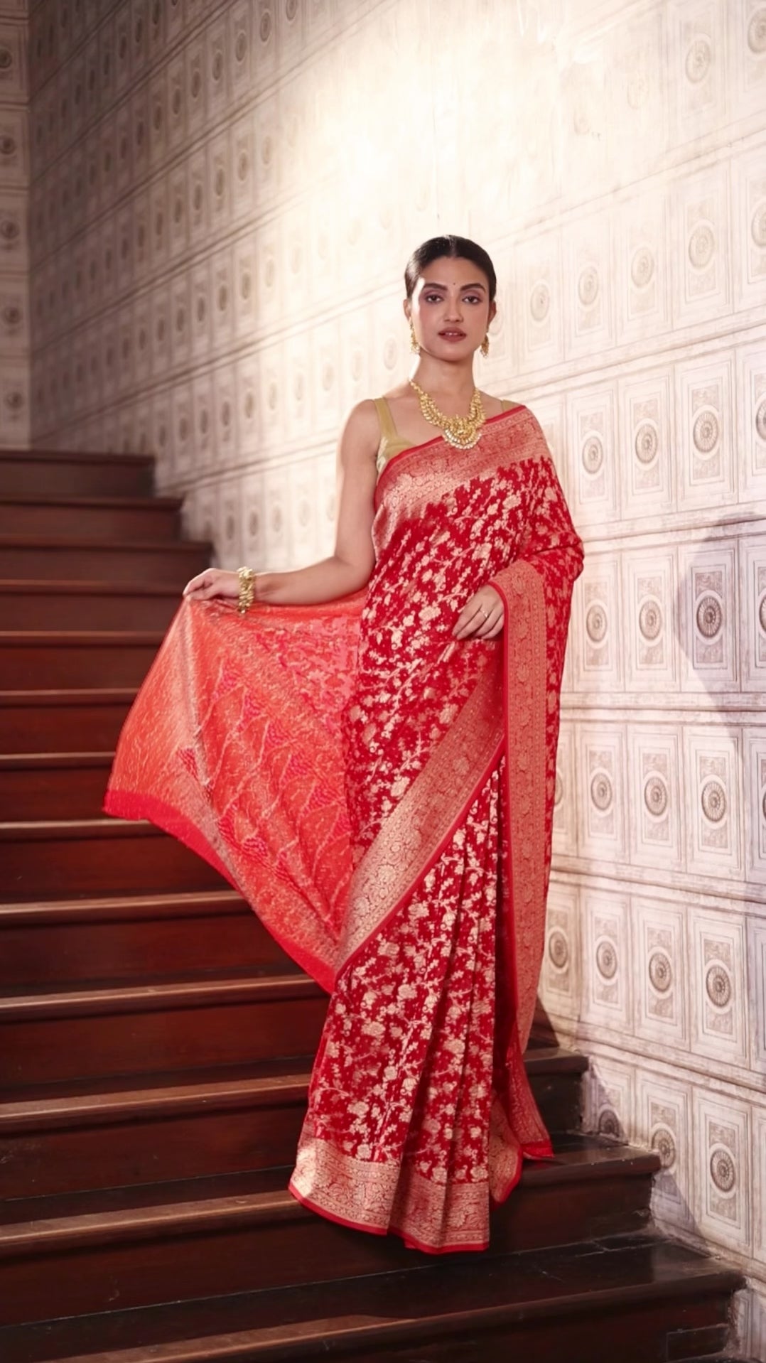 Red Pure Khaddi Georgette Bandhej Saree with Floral Vine Jaal Weaves