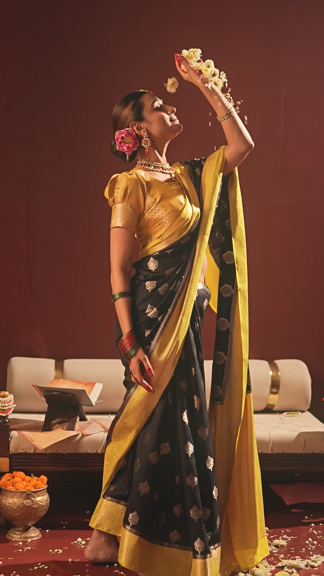 Black and Yellow Banarasi Saree with Butta Weaves