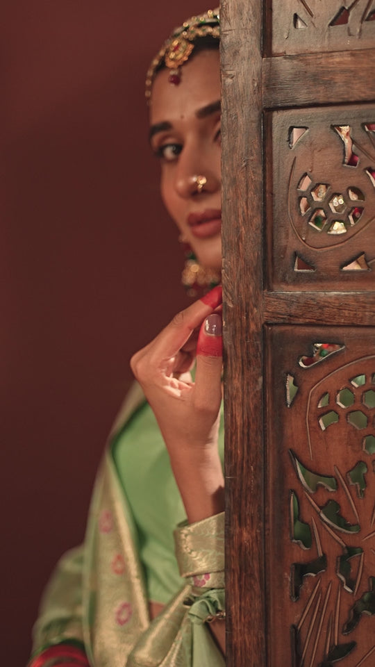 Pista Green Banarasi Saree with Floral Meenakari Weaves