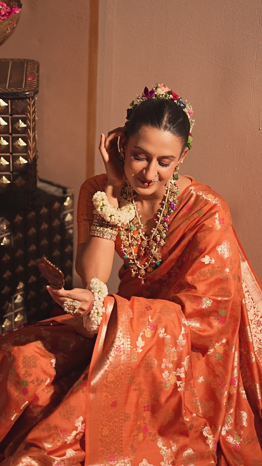 Orange Banarasi Saree with Regal Meenakari Weaves