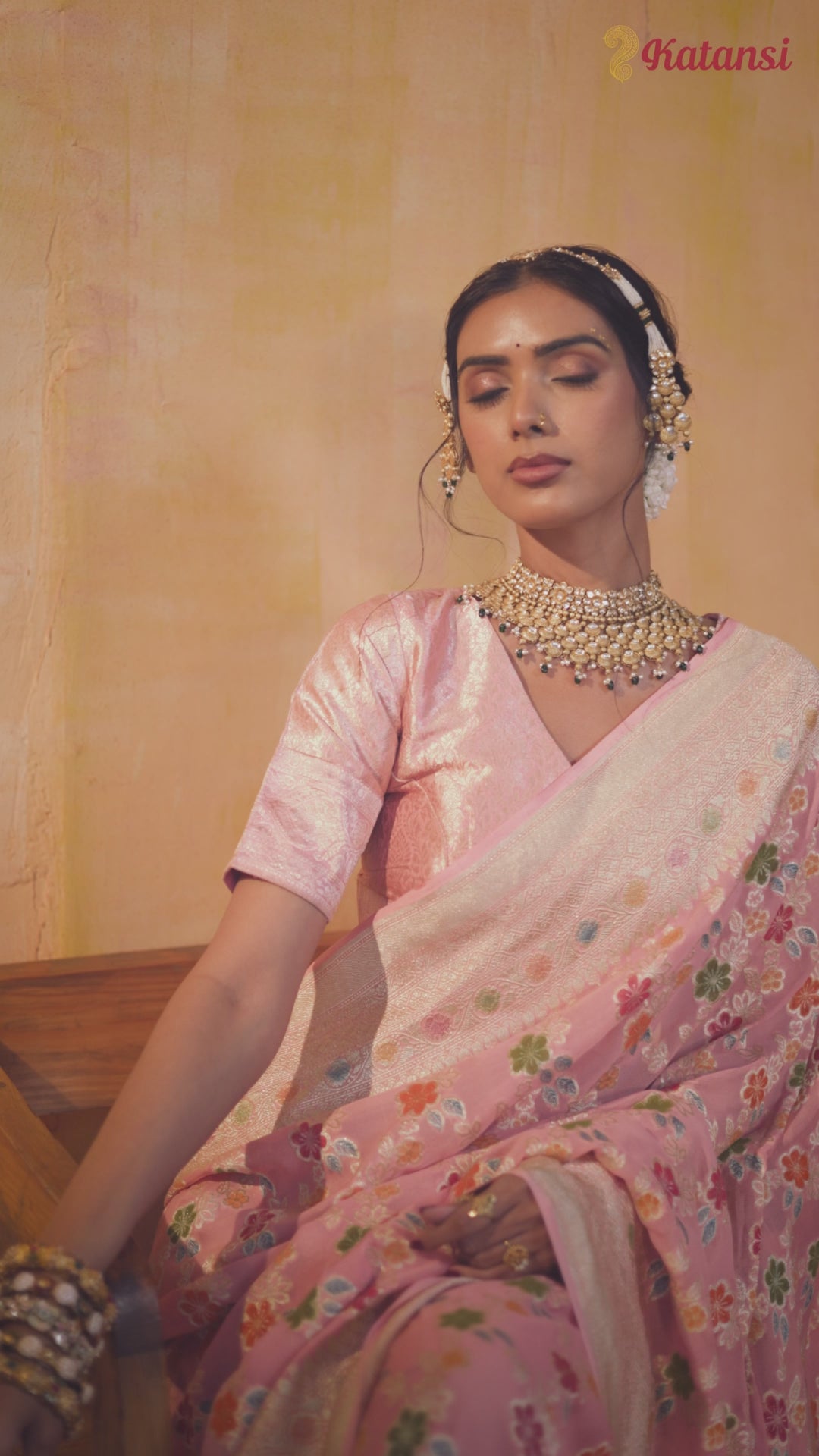 Pastel Pink Pure Khadi Georgette Saree with Multicolor Floral Jaal Weave