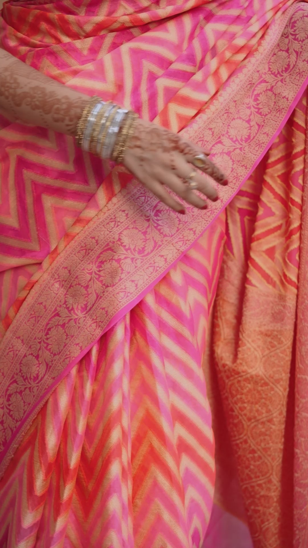 Sadabahaar Pure Chiffon Banarasi Silk Saree in Radiant Sunset Hues with Enchanting Chevron Weaves