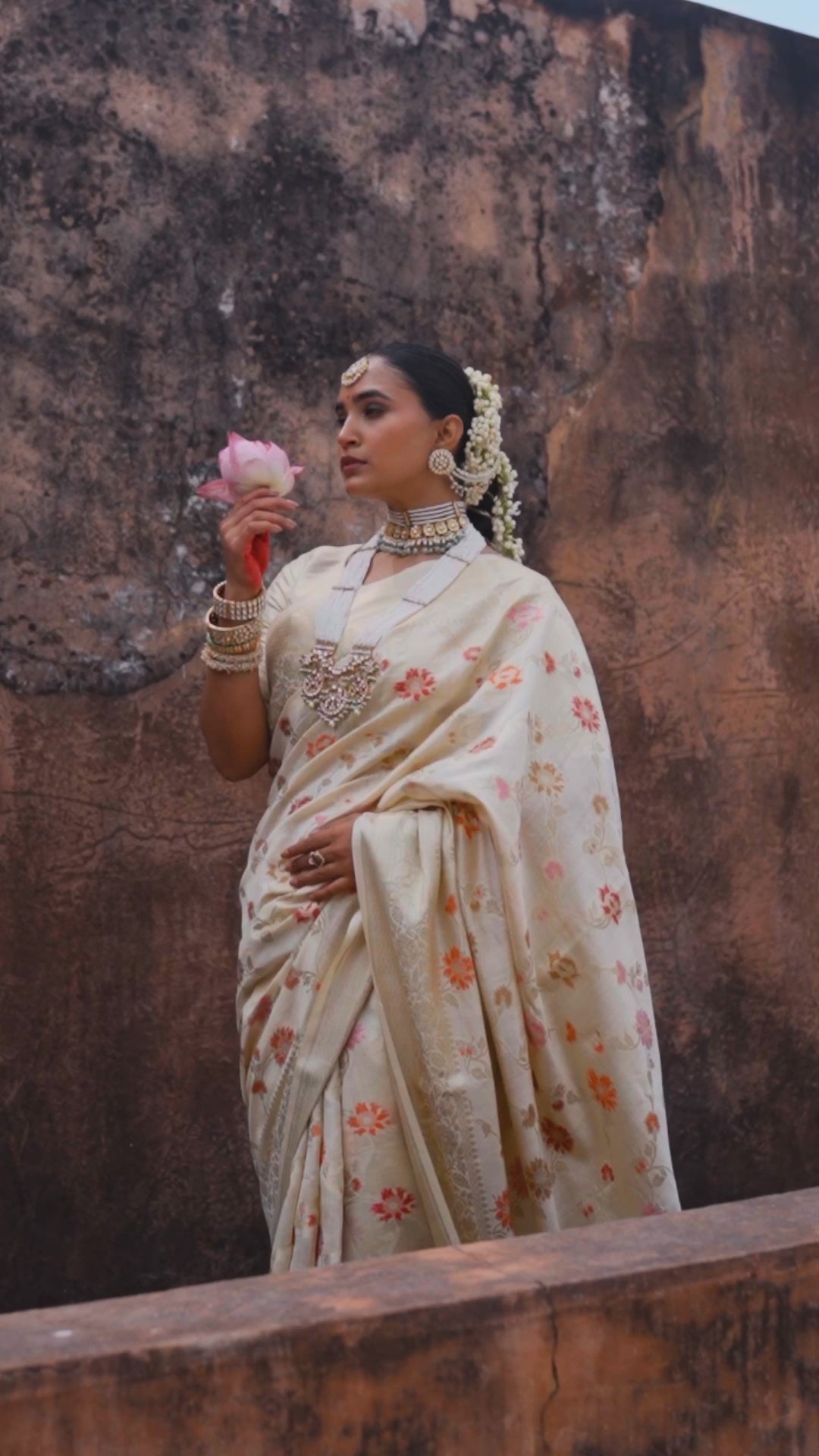 Champagne Blossom Pure Banarasi Saree with Delicate Floral Motifs Weaves