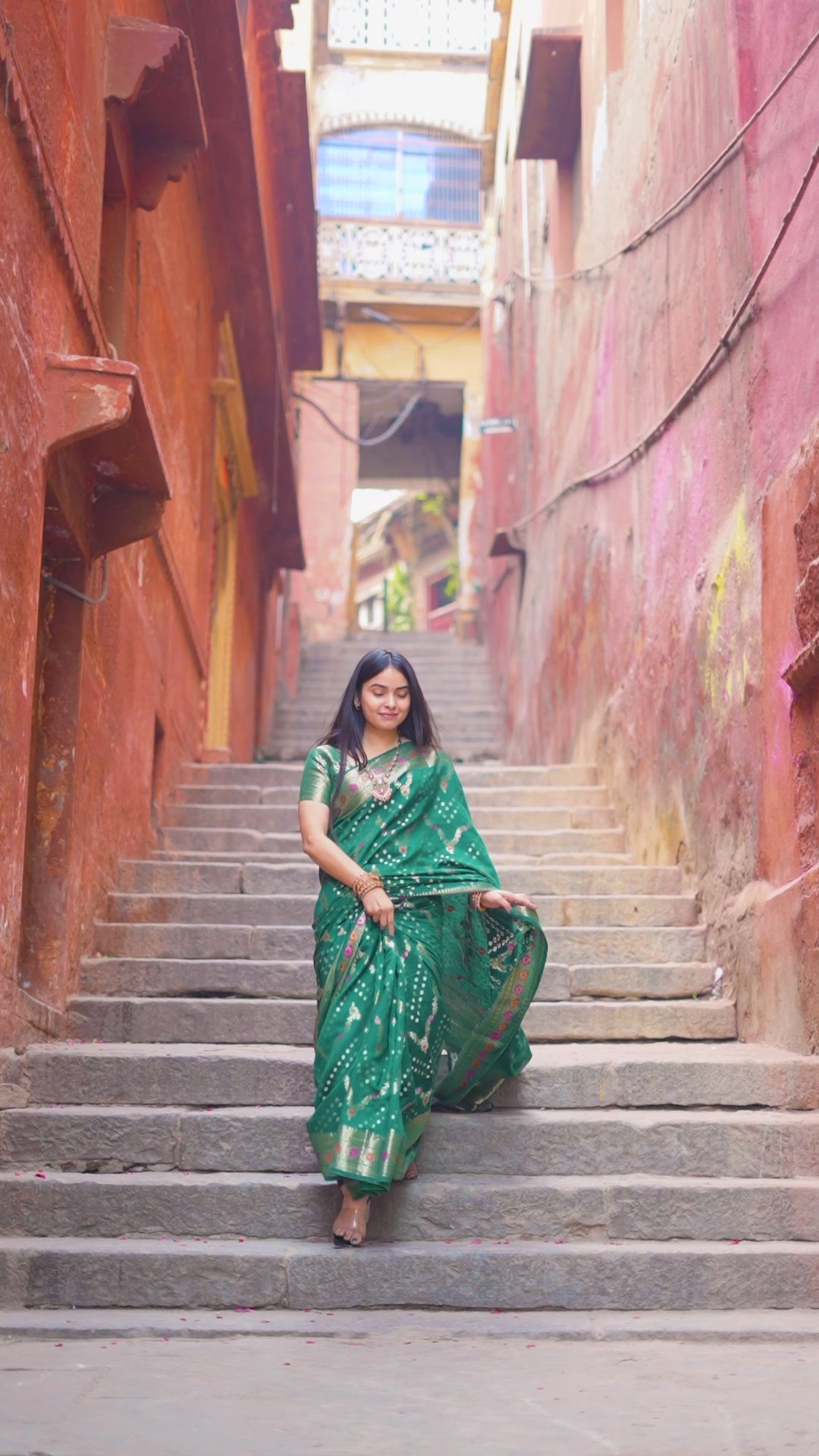 Rich Green Pure Banarasi Silk Masterpiece - Ghats of Banaras