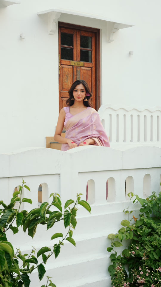Orchid Blush Pure Banarasi Saree with Fine Gold Butidar Weaves