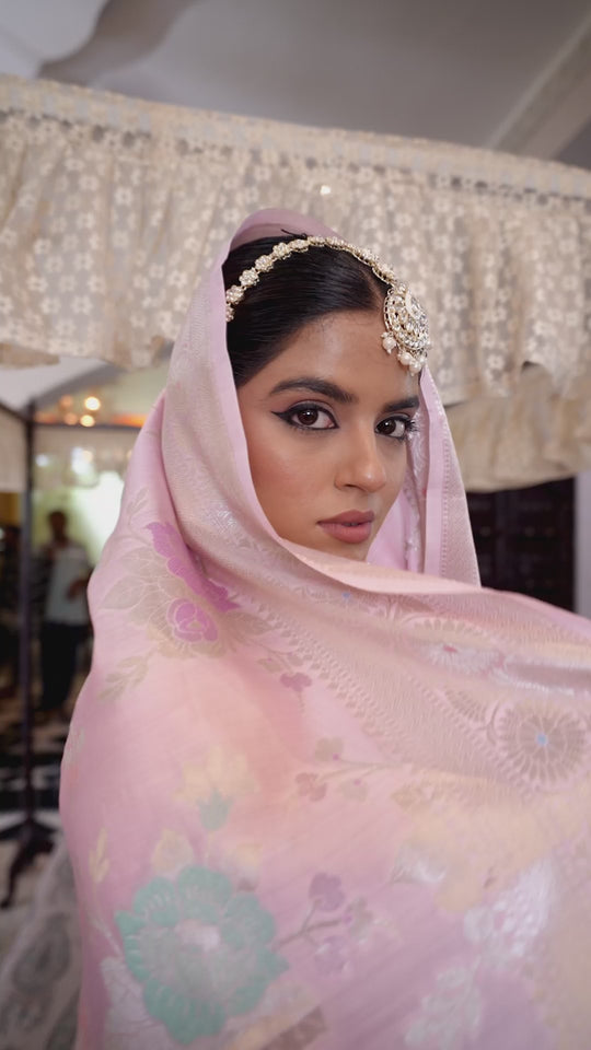 Light Pink Pure Banarasi Saree with Royal Floral Meenakari Motifs