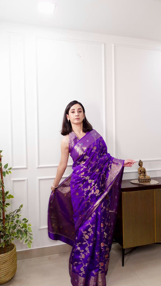 Majestic Royal Purple Banarasi Saree with Gold Zari Artistry