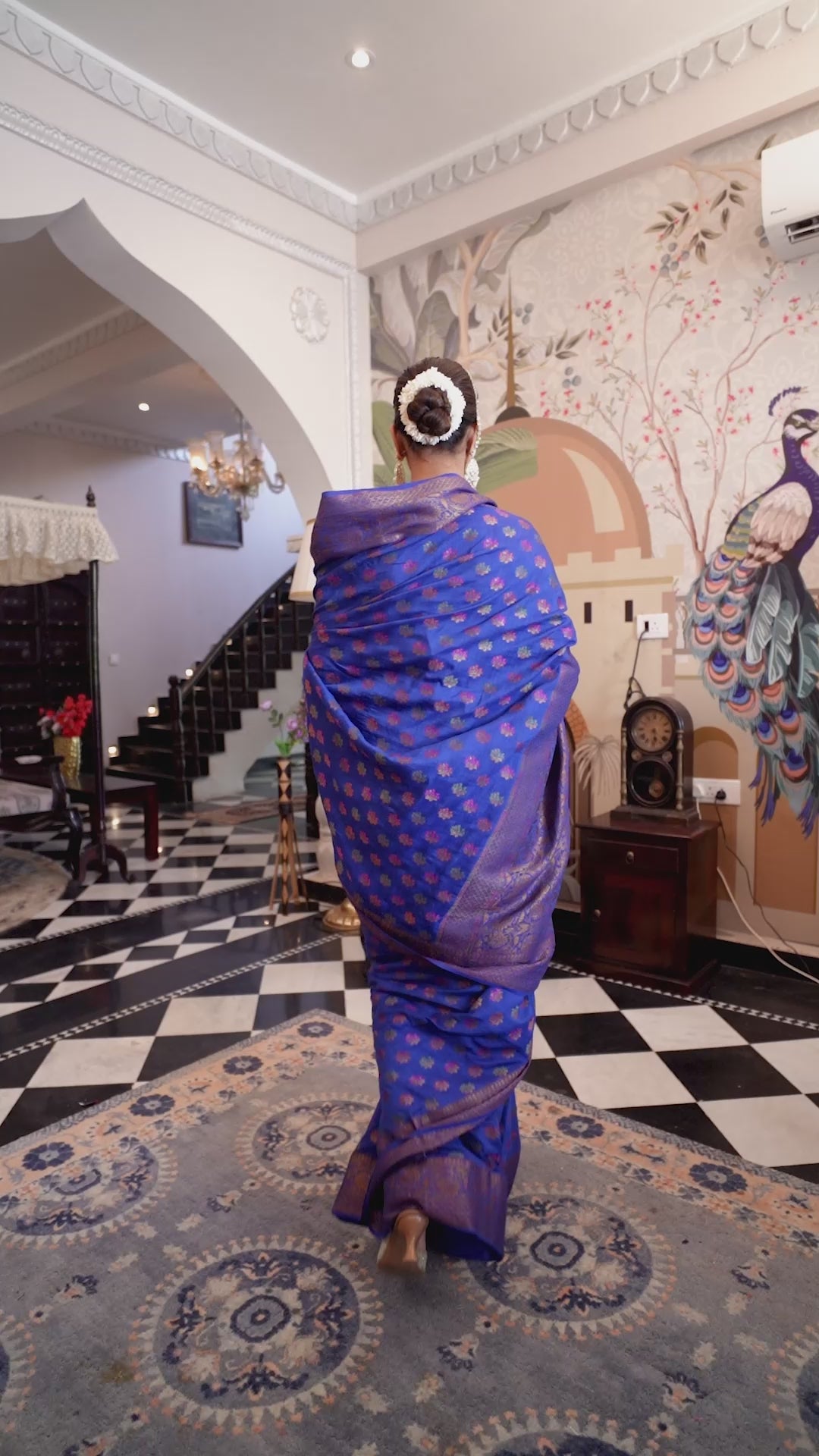 Blue Pure Muga Saree with Multihued Meenakari Buti Weaves with Antique Zari