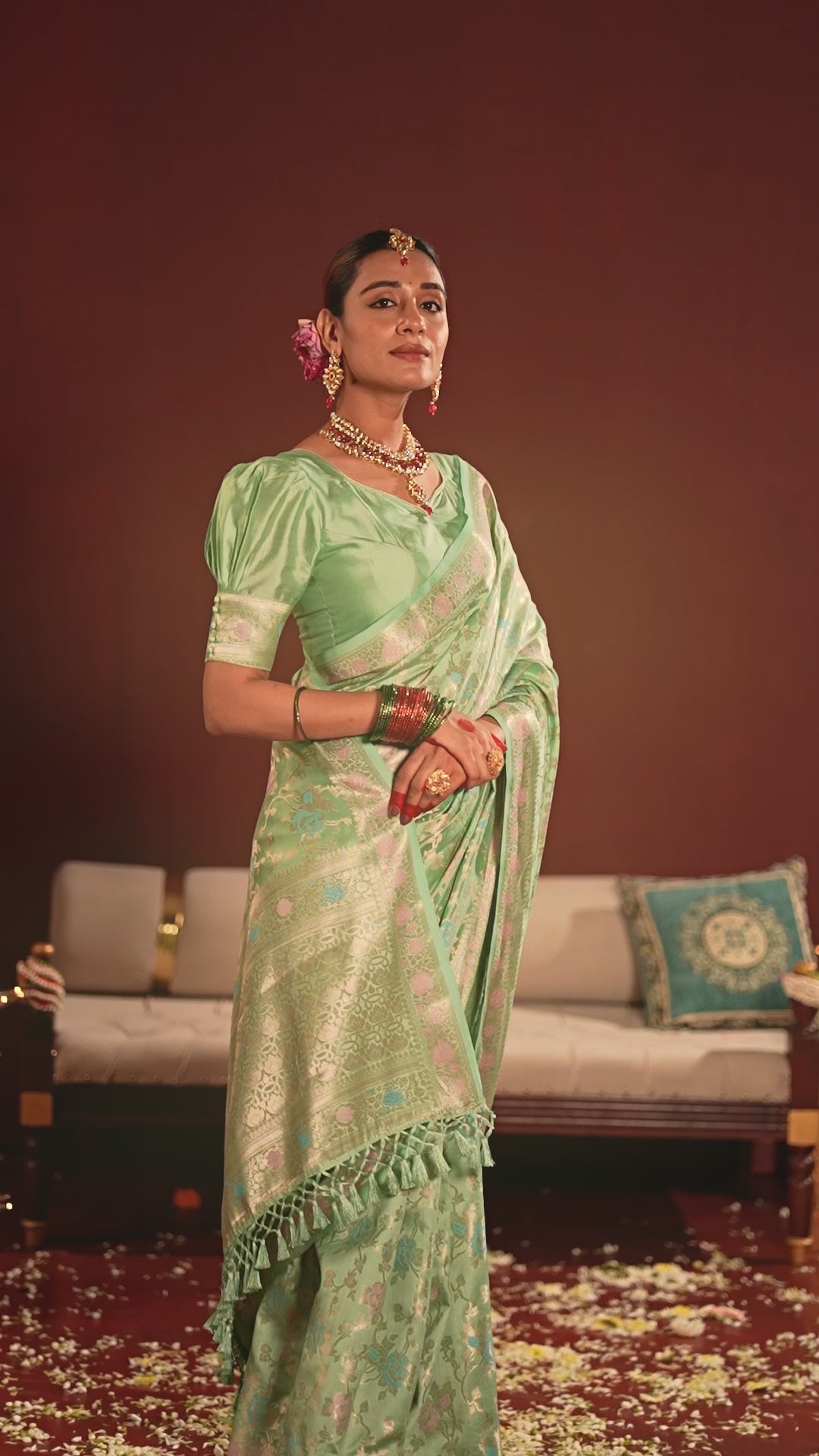 Pastel Green Banarasi Saree with Floral Meenakari