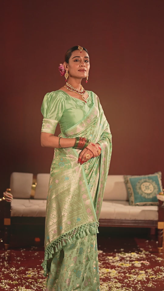 Pastel Green Banarasi Saree with Floral Meenakari
