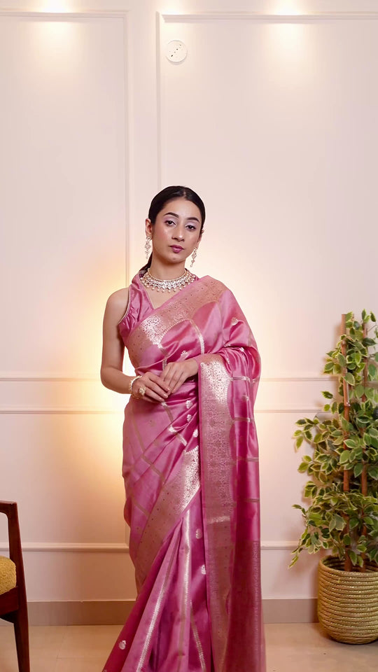 Pink Pure Banarasi Saree with Delicate Butidar Motifs and Graceful Border