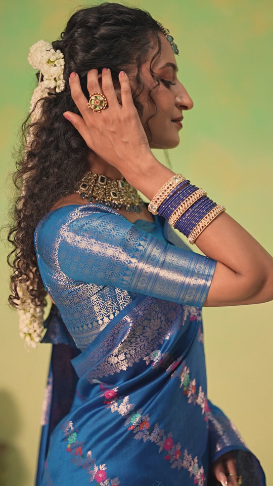 Blue Banarasi Saree with Floral Meenakari Weaves