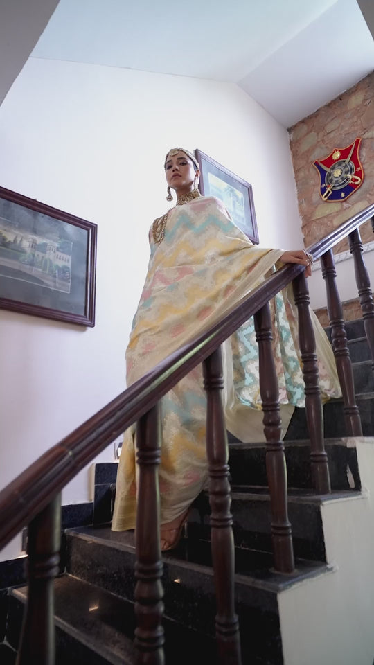 Ivory Rangkat Pure Banarasi Saree with Ornate Zigzag Detailing