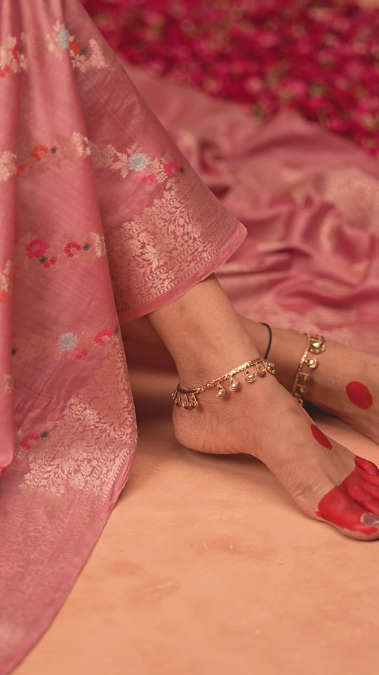 Pink Banarasi Saree with Stripe Floral Meenakari Weaves
