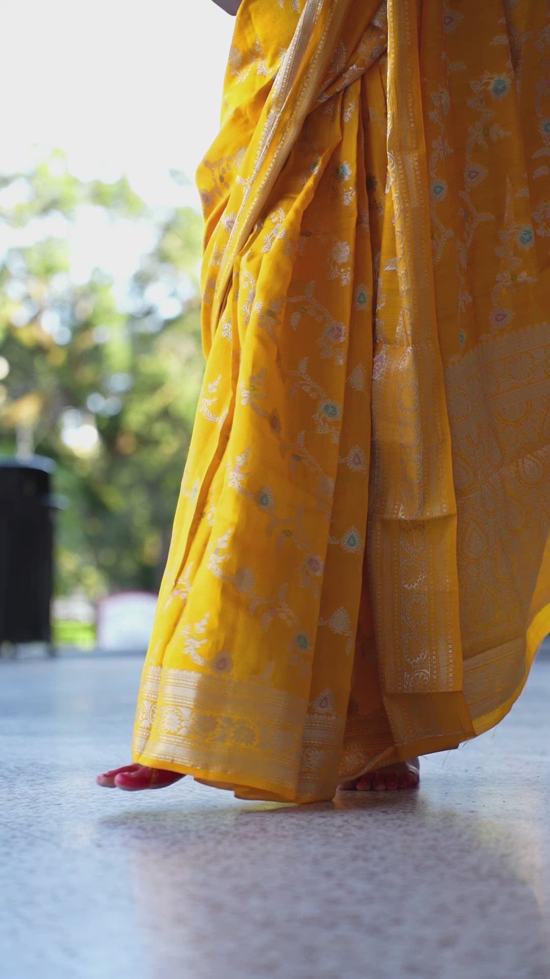 Mustard Banarasi Silk Saree With Meenakari Floral Pattern