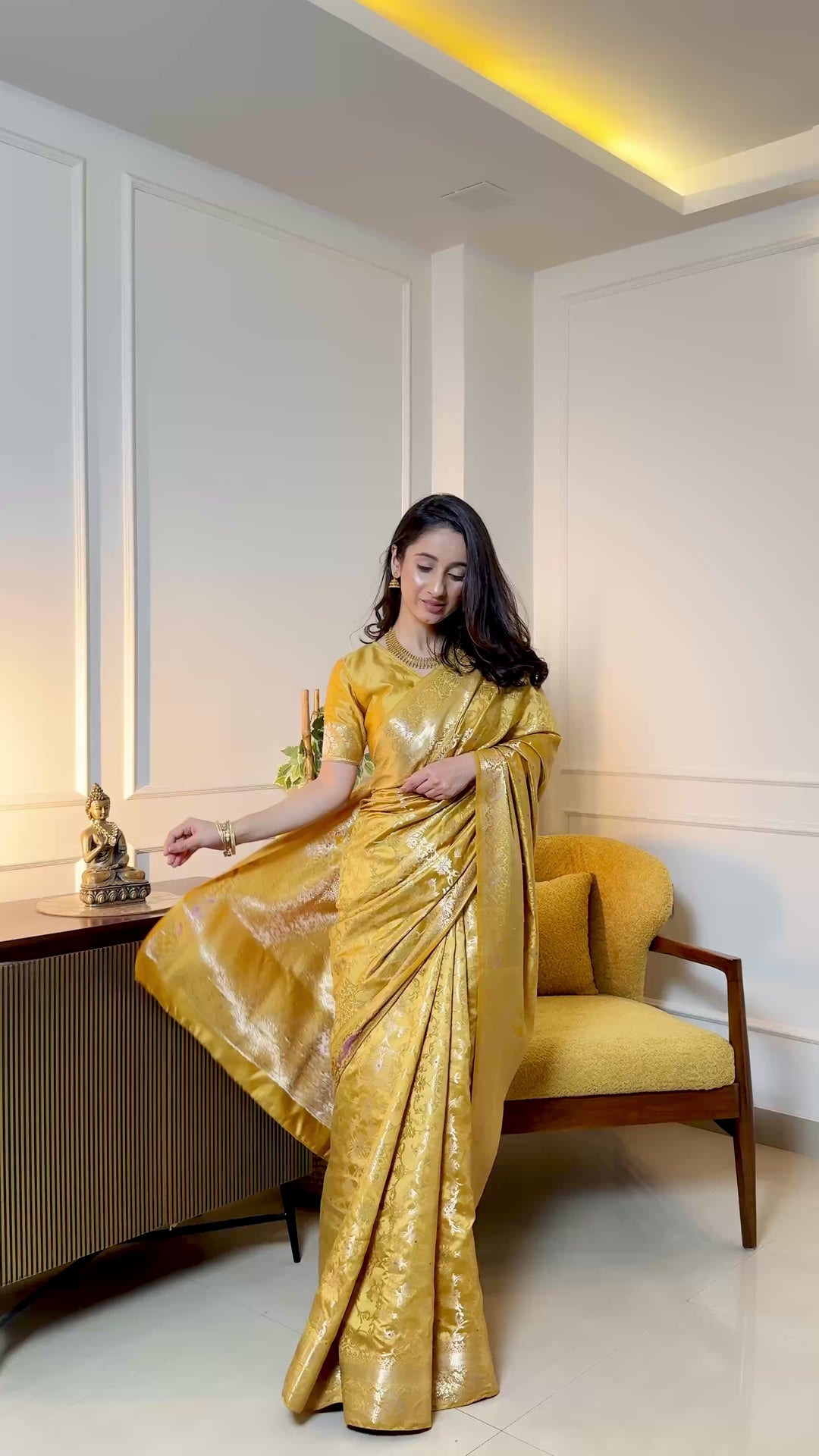 Mustard Yellow Banarasi Saree with Intricate Jaal Work