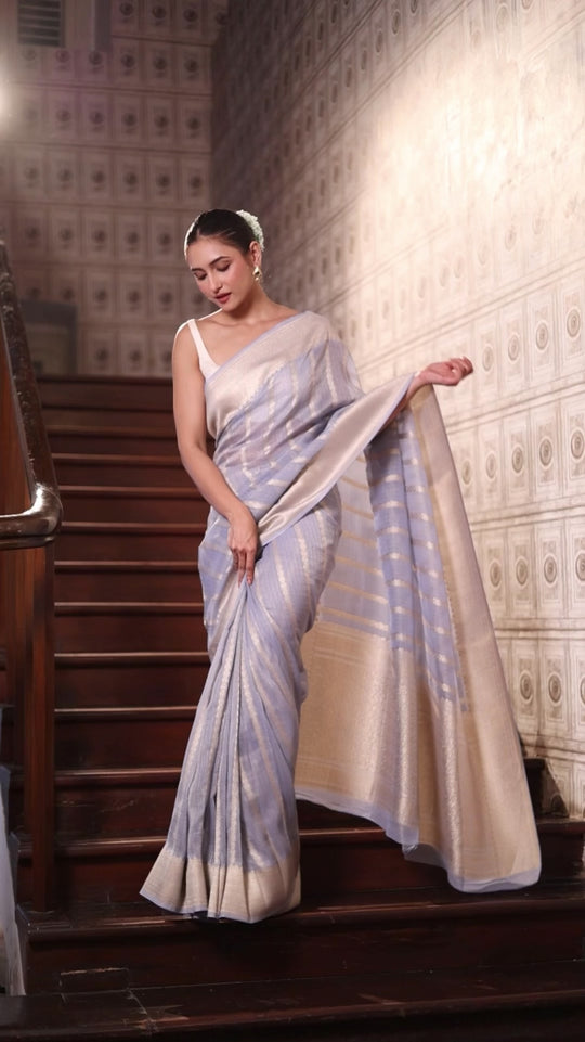 Misty Blue Pure Georgette and Tissue Saree with Classic Stripe Weaving