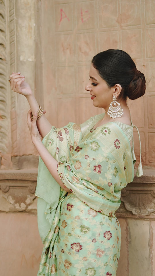 Royal Pure Chiffon Saree in Light Green with Majestic Chevron Weaves and Floral Patterns