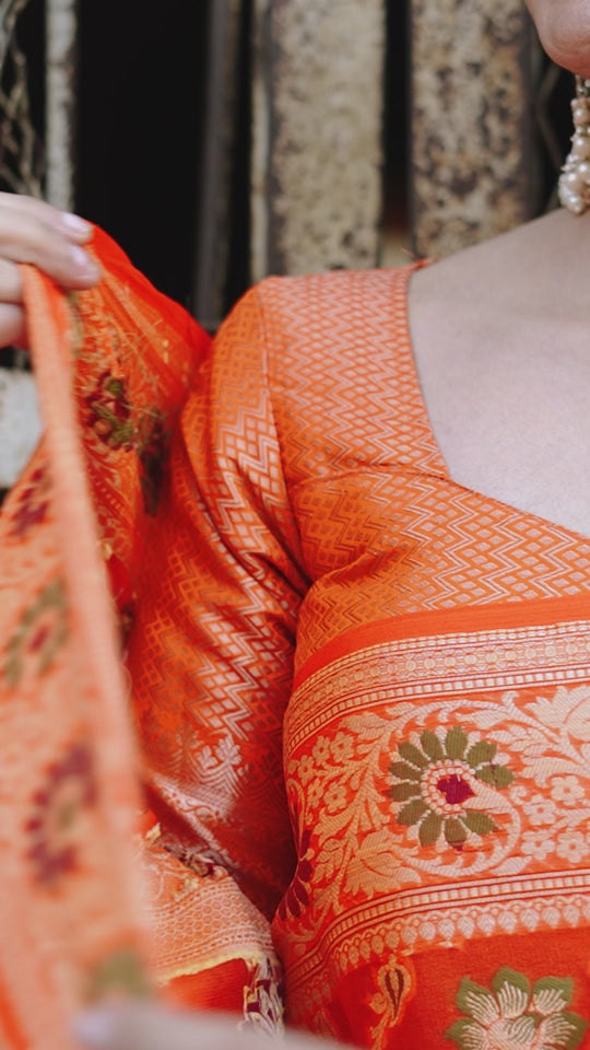 Glorious Orange Sunset Hues Pure Chiffon Saree with Luxurious Floral Weaves Patterns