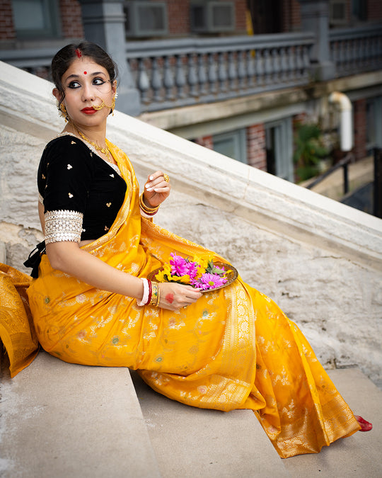 Mustard Banarasi Silk Saree With Meenakari Floral Pattern