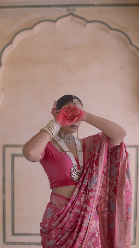 Rani Pink Pure Banarasi Saree with Grand Floral Zari Artistry