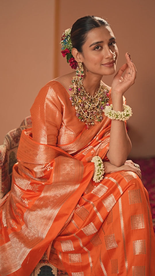 Orange Banarasi Saree with Regal Geometric Zari Weaves