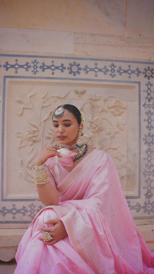 Bloom Pink Pure Banarasi Saree with Ethereal Weaving Motifs Elegance