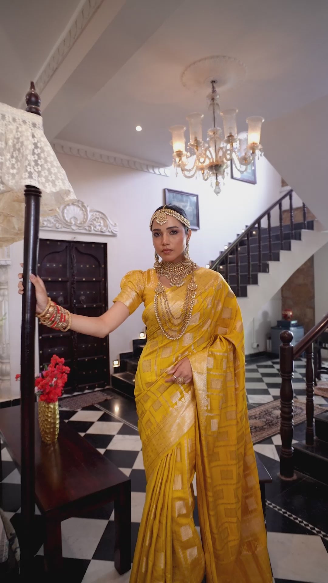 Mustard Pure Banarasi Saree with Checked Zari Embellishments