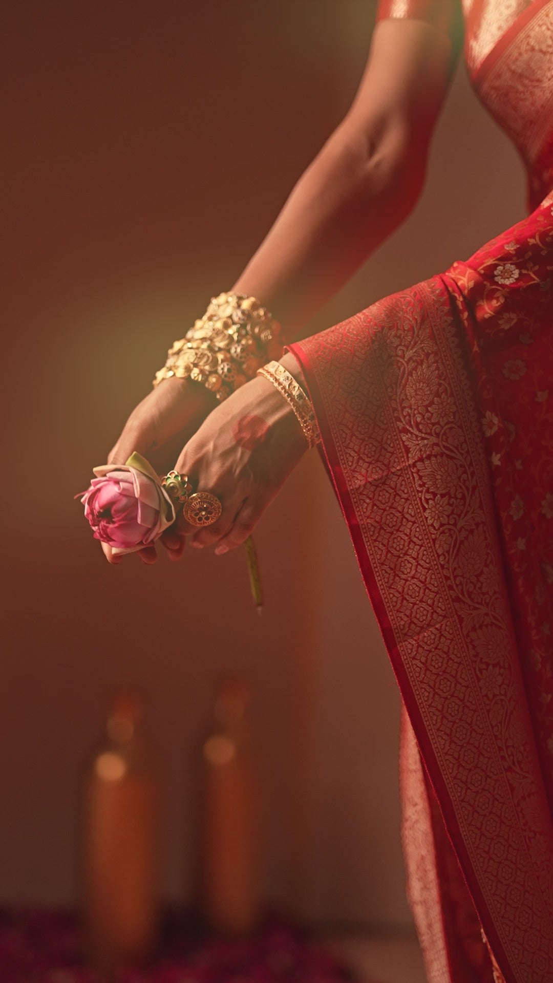 Red Pure Banarasi Saree with Floral Jangla Tanchoi Weaves