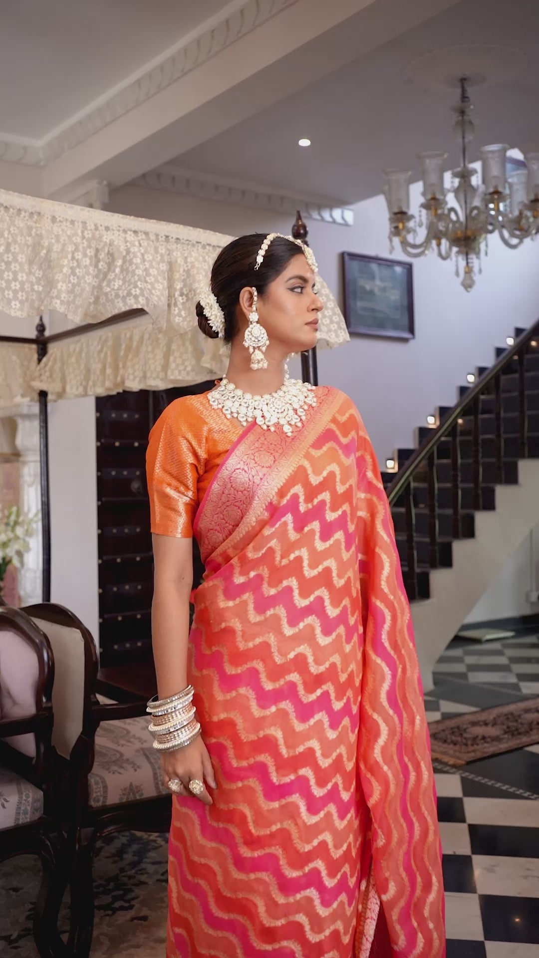 Sunset Flame Pure Chiffon Saree with Handwoven Rangkat Patterns