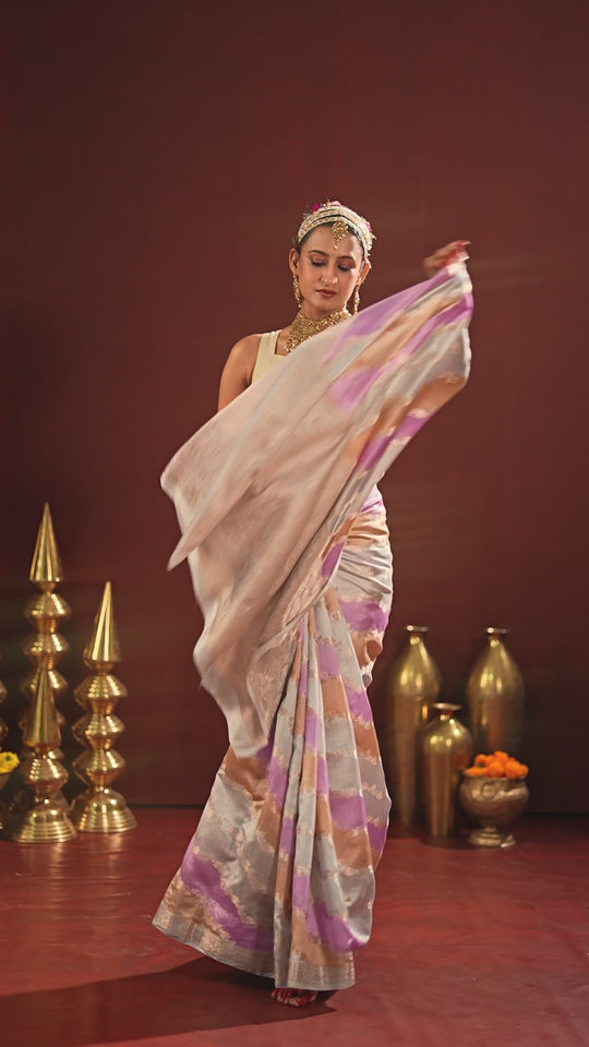 Pastel Rangkat Banarasi Saree with Stripes Heritage Weaves