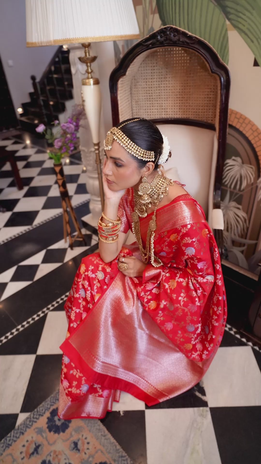 Red Pure Banarasi Saree with Zari Embellishments and Graceful Floral Motifs