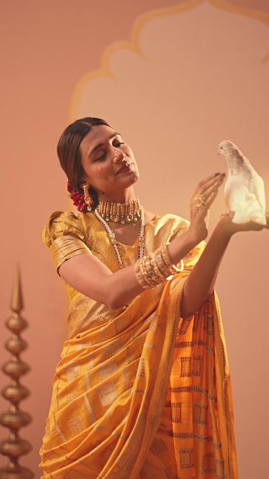 Mustard Banarasi Saree with Grand Lattice Weaves